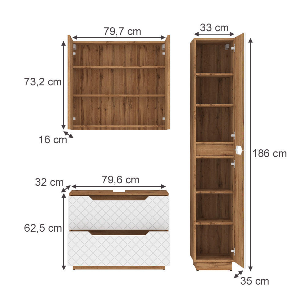 Vicco Set di mobili da bagno Rovere/bianco con struttura in piastrelle 3 parti