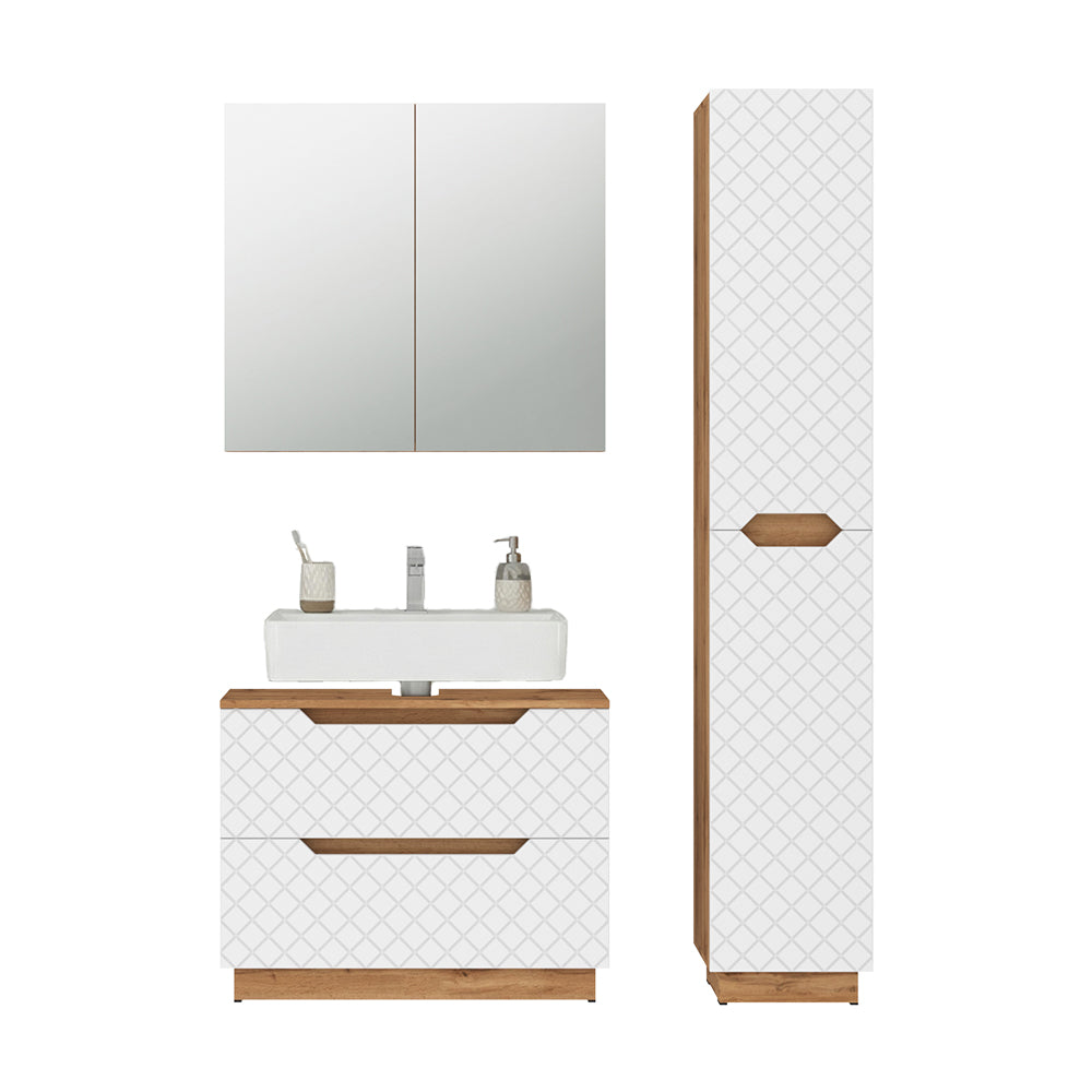 Vicco Set di mobili da bagno Rovere/bianco con struttura in piastrelle 3 parti