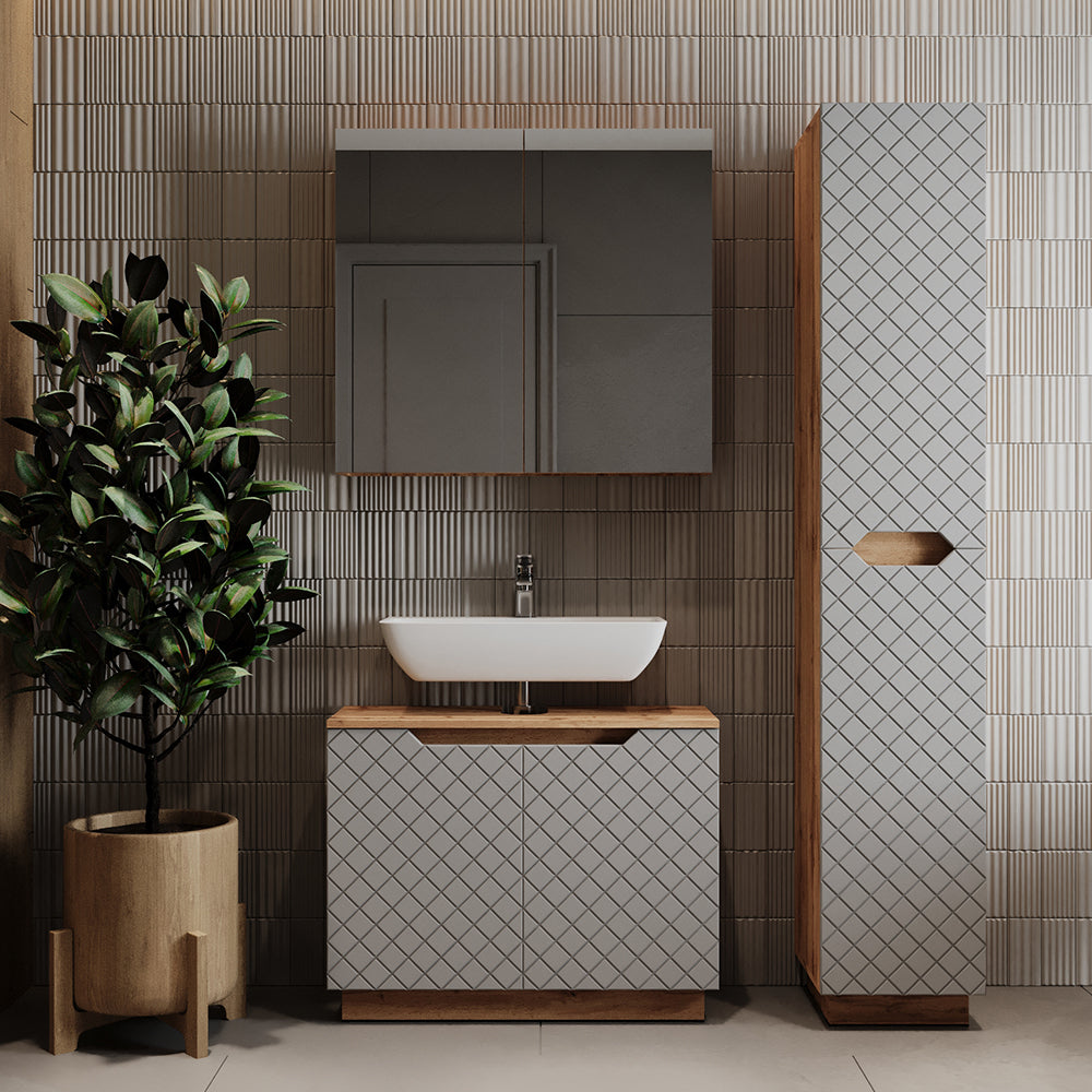 Vicco Set di mobili da bagno Rovere/grigio con struttura in piastrelle 3 parti