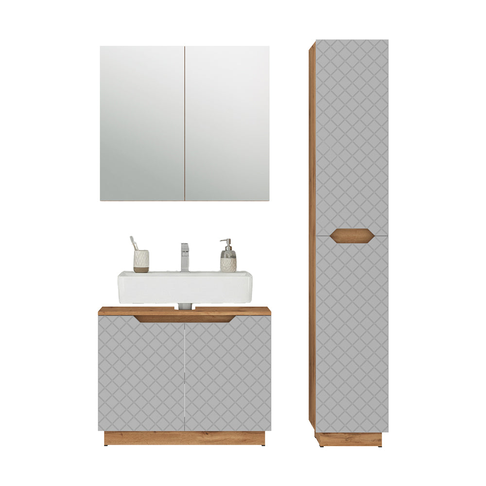 Vicco Set di mobili da bagno Rovere/grigio con struttura in piastrelle 3 parti
