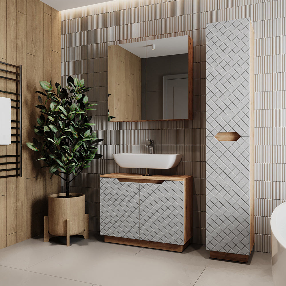 Vicco Set di mobili da bagno Rovere/grigio con struttura in piastrelle 3 parti