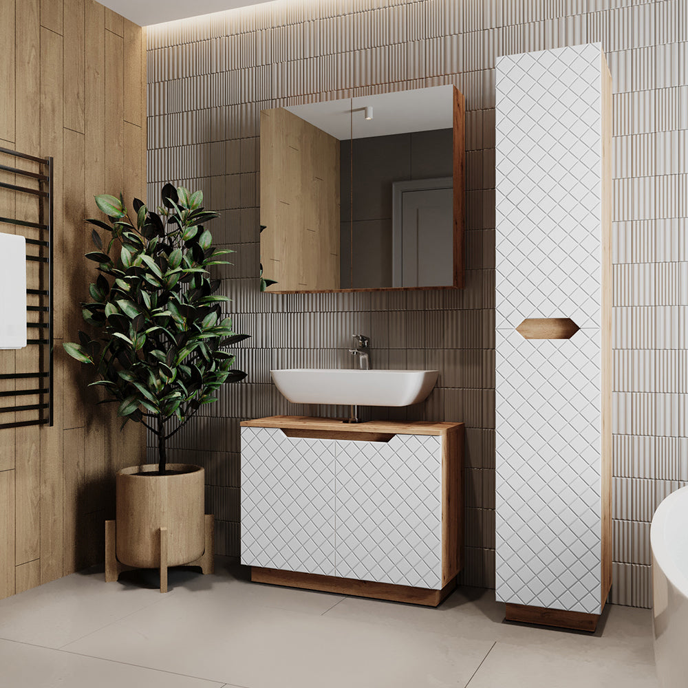 Vicco Set di mobili da bagno Rovere/bianco con struttura in piastrelle 3 parti