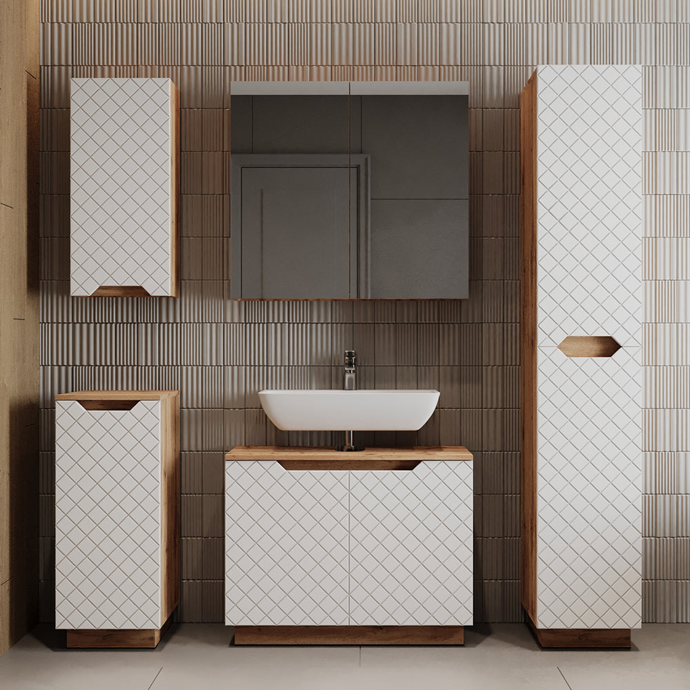 Vicco Set di mobili da bagno Rovere/bianco con struttura in piastrelle 3 parti