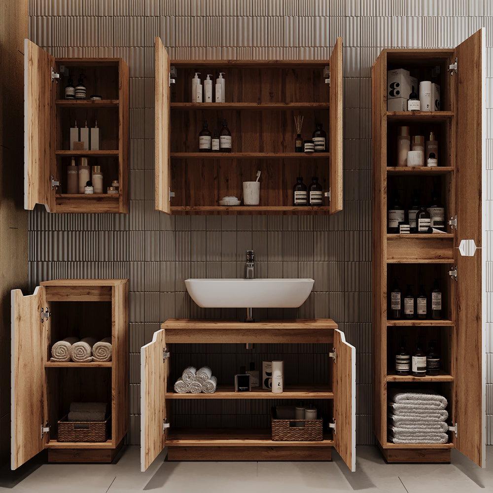 Vicco Set di mobili da bagno Rovere/bianco con struttura in piastrelle 3 parti