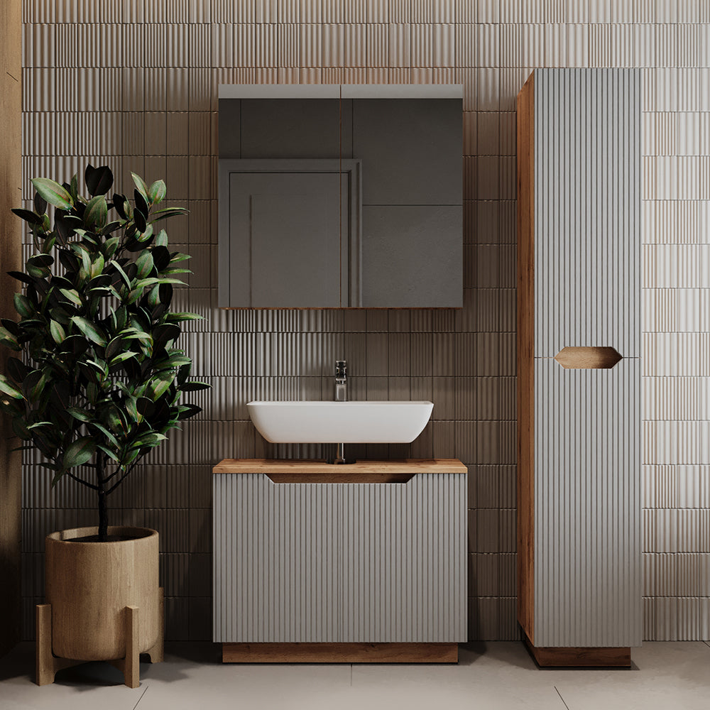 Vicco Set di mobili da bagno Rovere/grigio a righe 3 parti