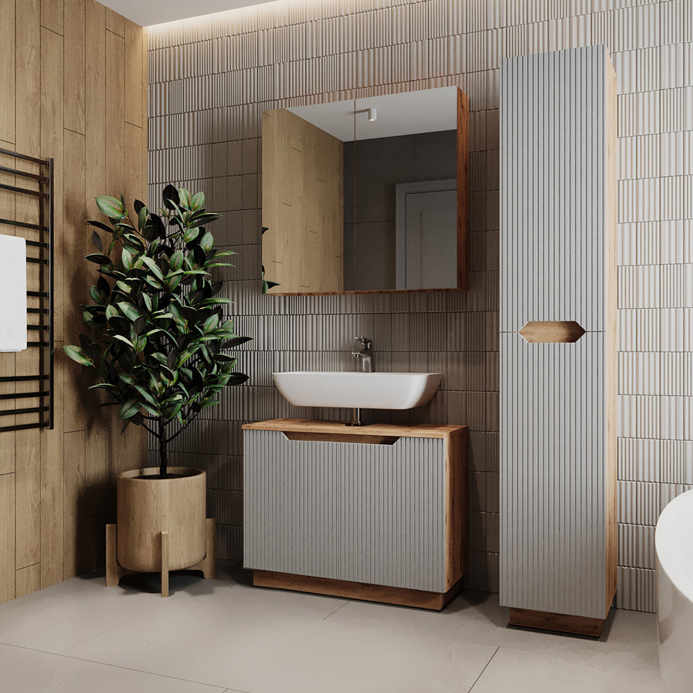 Vicco Set di mobili da bagno Rovere/grigio a righe 3 parti