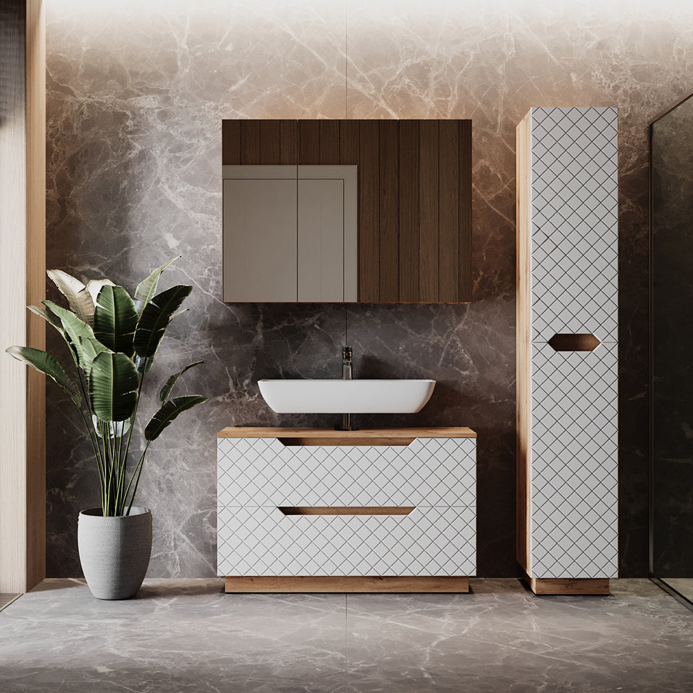 Vicco Set di mobili da bagno Rovere/bianco con struttura in piastrelle 3 parti