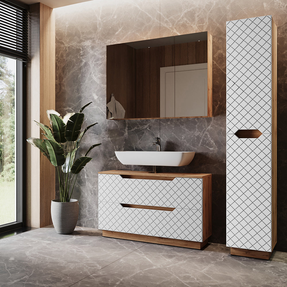 Vicco Set di mobili da bagno Rovere/bianco con struttura in piastrelle 3 parti