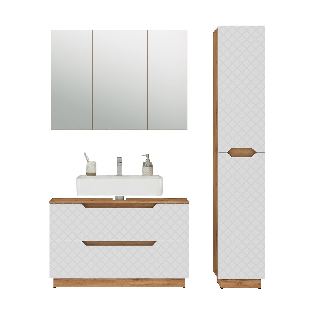 Vicco Set di mobili da bagno Rovere/bianco con struttura in piastrelle 3 parti