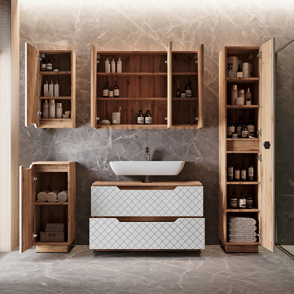 Vicco Set di mobili da bagno Rovere/bianco con struttura in piastrelle 3 parti