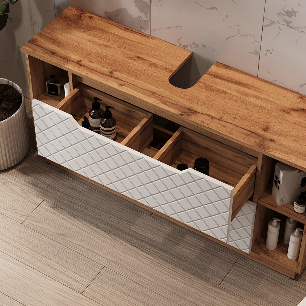 Vicco Set di mobili da bagno Rovere/bianco con struttura in piastrelle 3 parti
