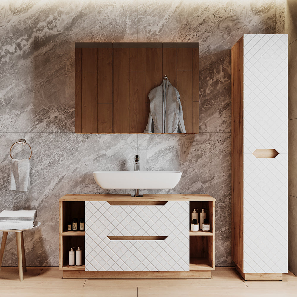 Vicco Set di mobili da bagno Rovere/bianco con struttura in piastrelle 3 parti