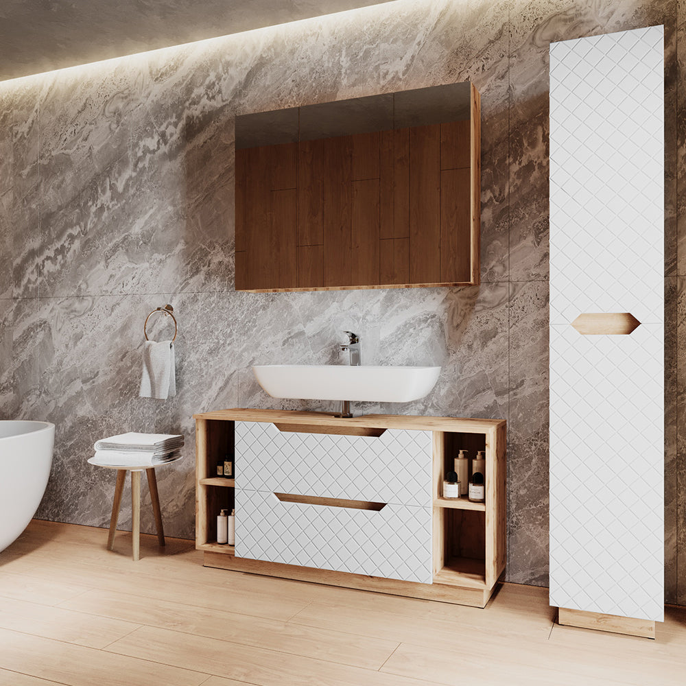 Vicco Set di mobili da bagno Rovere/bianco con struttura in piastrelle 3 parti