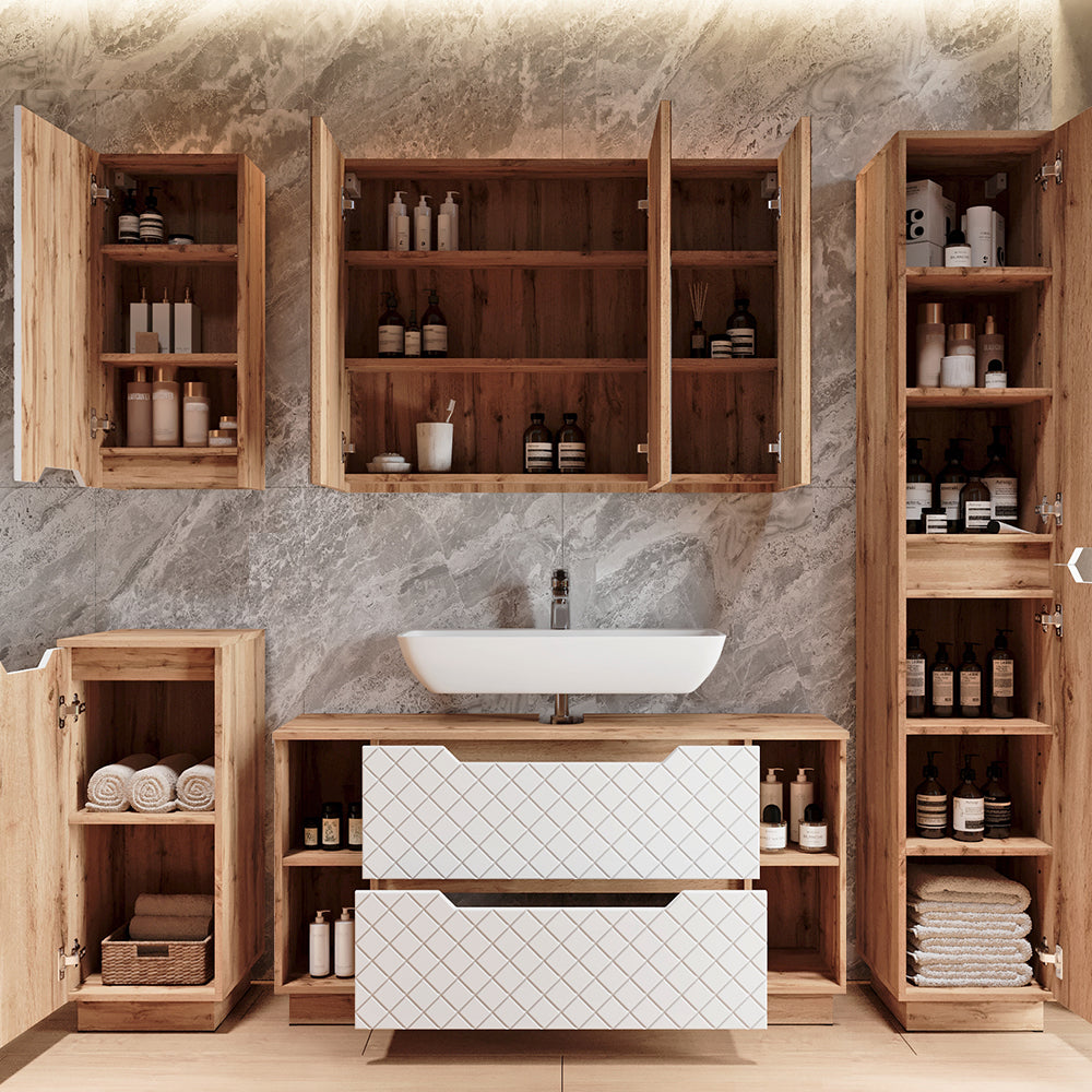 Vicco Set di mobili da bagno Rovere/bianco con struttura in piastrelle 3 parti