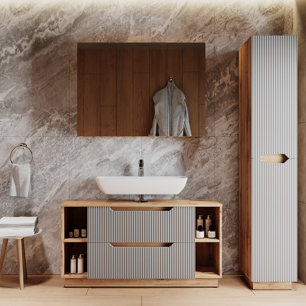 Vicco Set di mobili da bagno Rovere/grigio a righe 3 parti