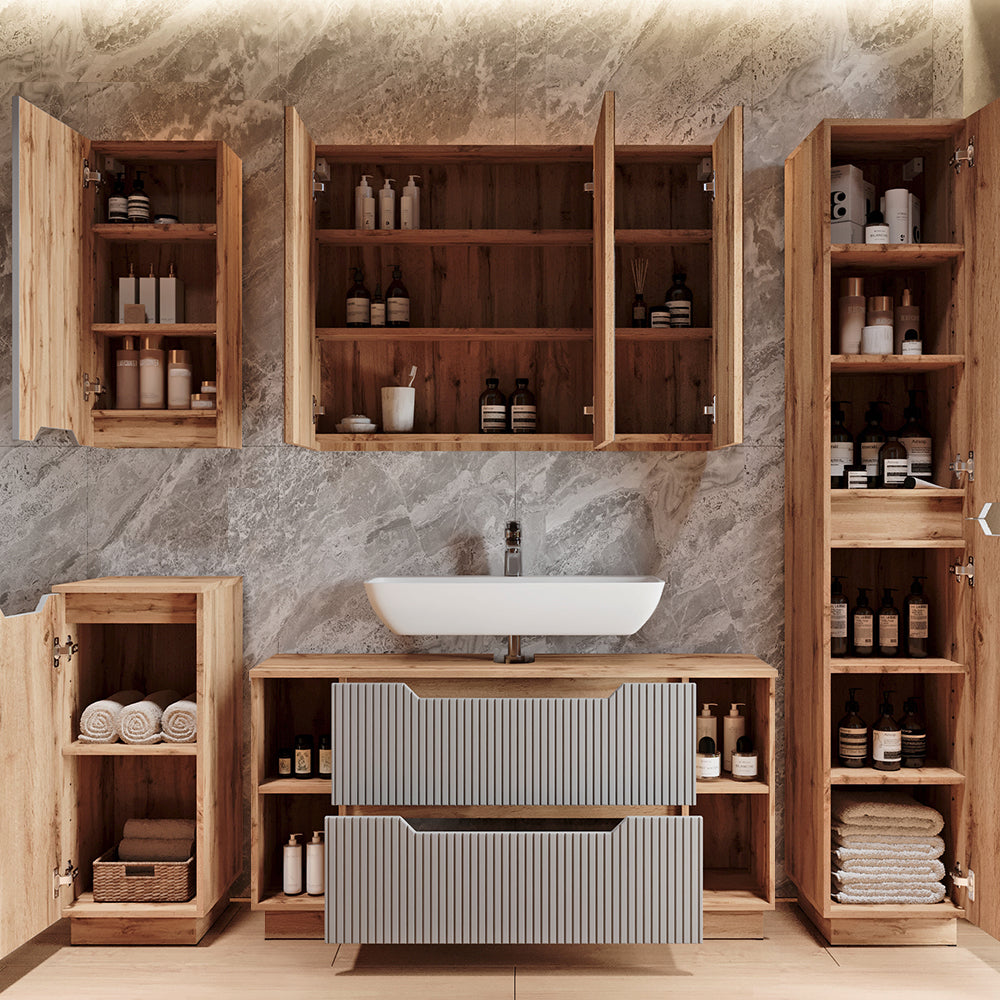 Vicco Set di mobili da bagno Rovere/grigio a righe 3 parti