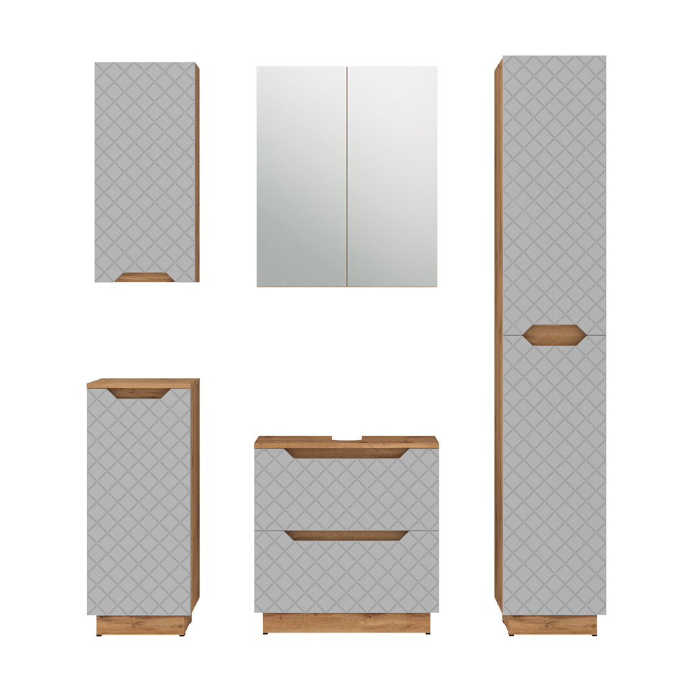 Vicco Set di mobili da bagno Rovere/grigio con struttura in piastrelle 5 parti
