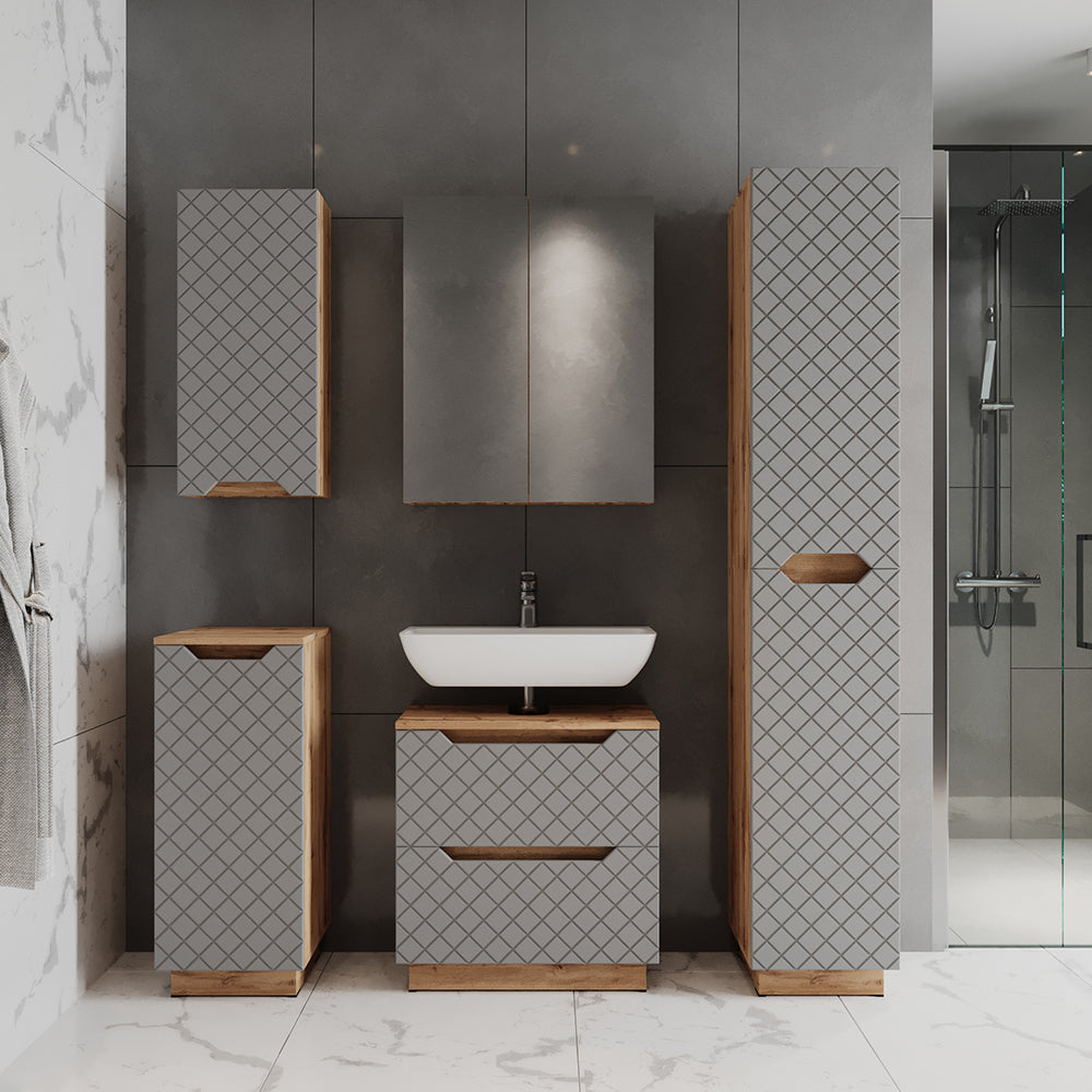 Vicco Set di mobili da bagno Rovere/grigio con struttura in piastrelle 5 parti