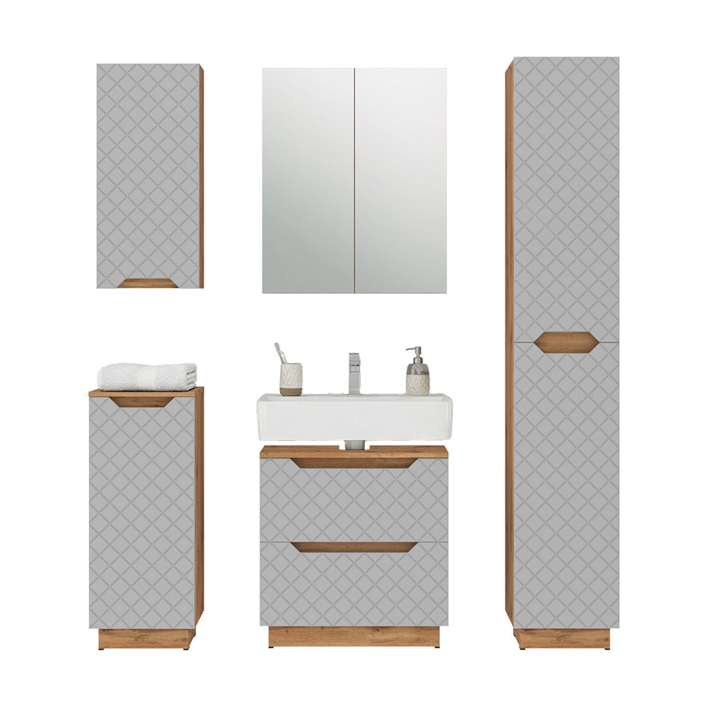 Vicco Set di mobili da bagno Rovere/grigio con struttura in piastrelle 5 parti
