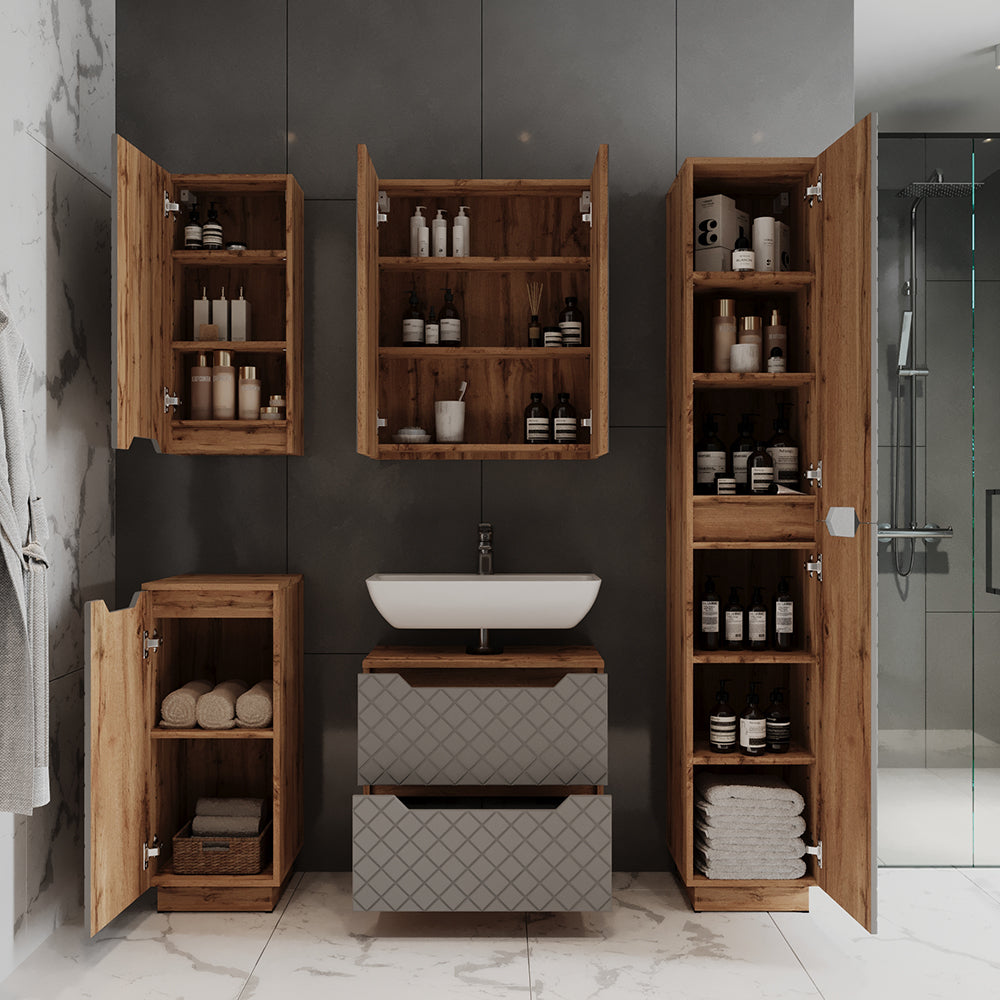 Vicco Set di mobili da bagno Rovere/grigio con struttura in piastrelle 5 parti