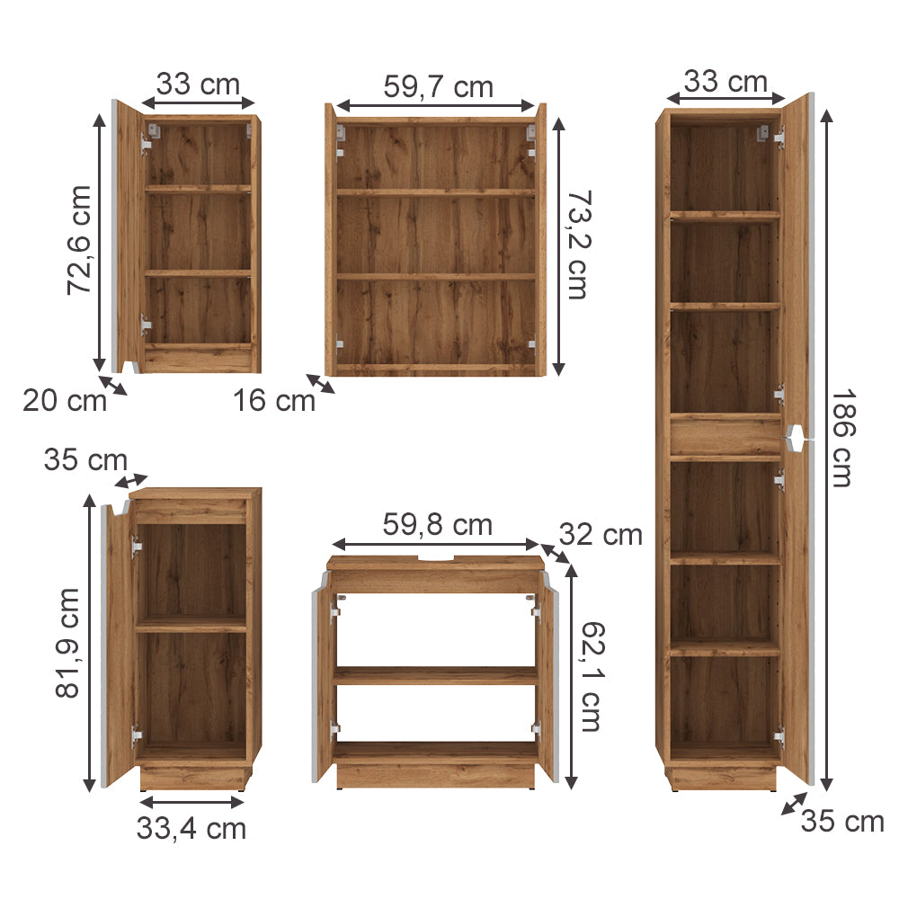 Vicco Set di mobili da bagno Rovere/grigio a righe 5 parti