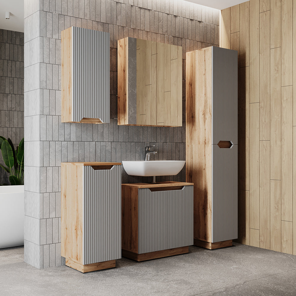 Vicco Set di mobili da bagno Rovere/grigio a righe 5 parti