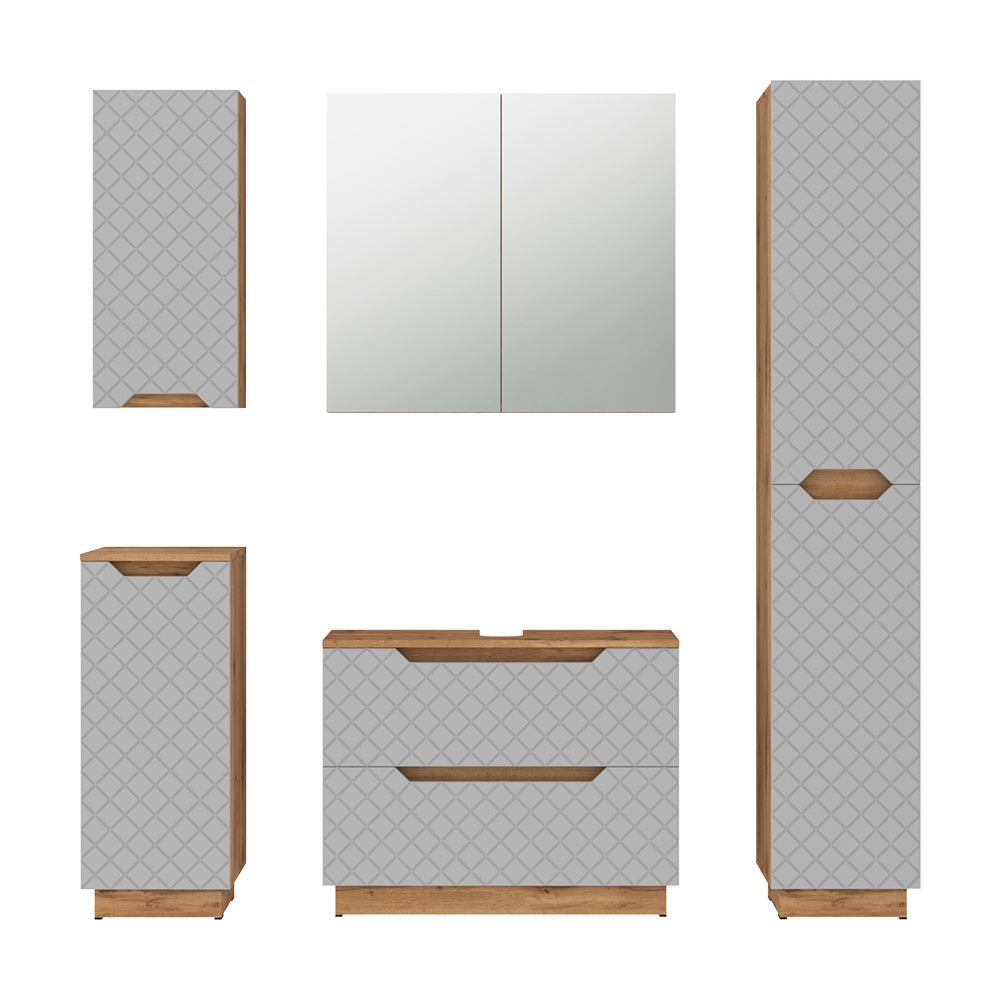 Vicco Set di mobili da bagno Rovere/grigio con struttura in piastrelle 5 parti