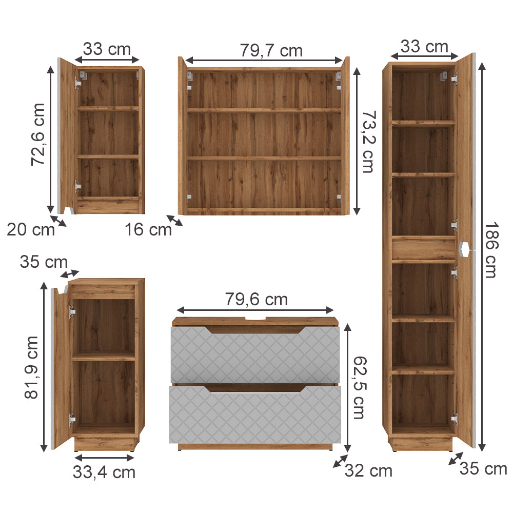 Vicco Set di mobili da bagno Rovere/grigio con struttura in piastrelle 5 parti