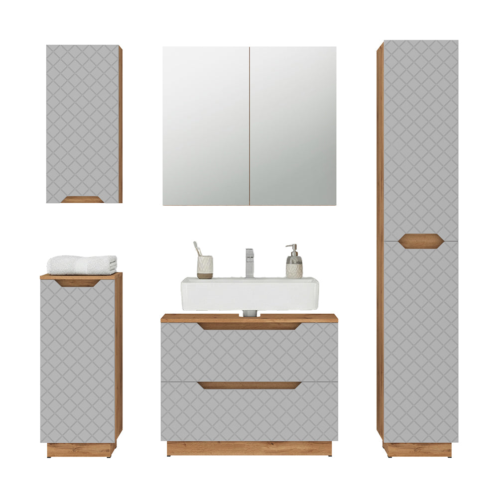 Vicco Set di mobili da bagno Rovere/grigio con struttura in piastrelle 5 parti