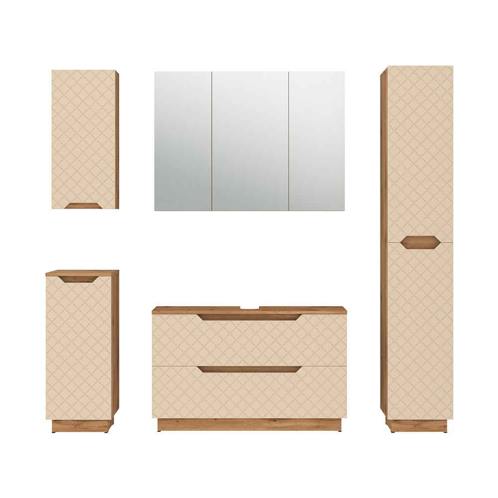 Vicco Set di mobili da bagno Rovere/cashmere con struttura in piastrelle 5 parti
