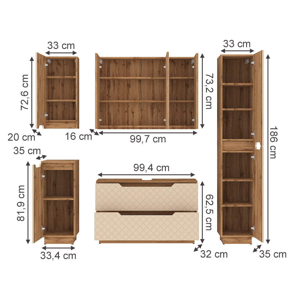 Vicco Set di mobili da bagno Rovere/cashmere con struttura in piastrelle 5 parti