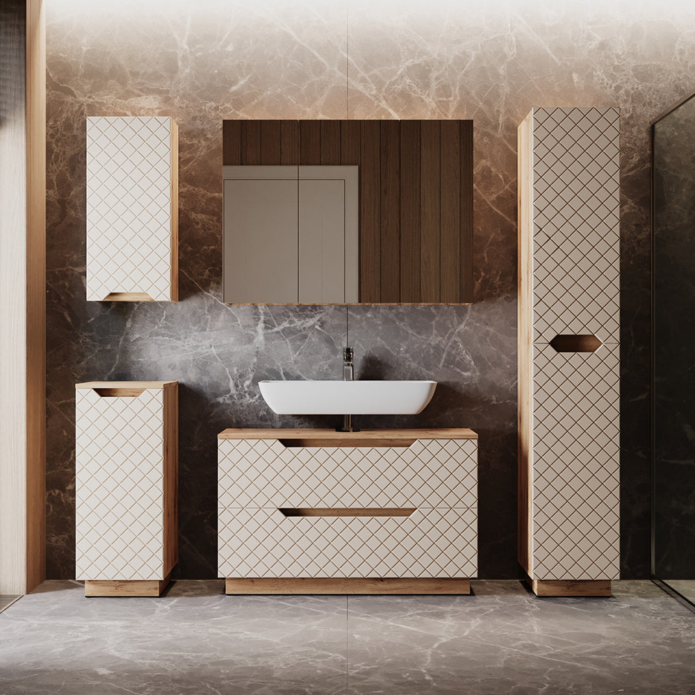 Vicco Set di mobili da bagno Rovere/cashmere con struttura in piastrelle 5 parti
