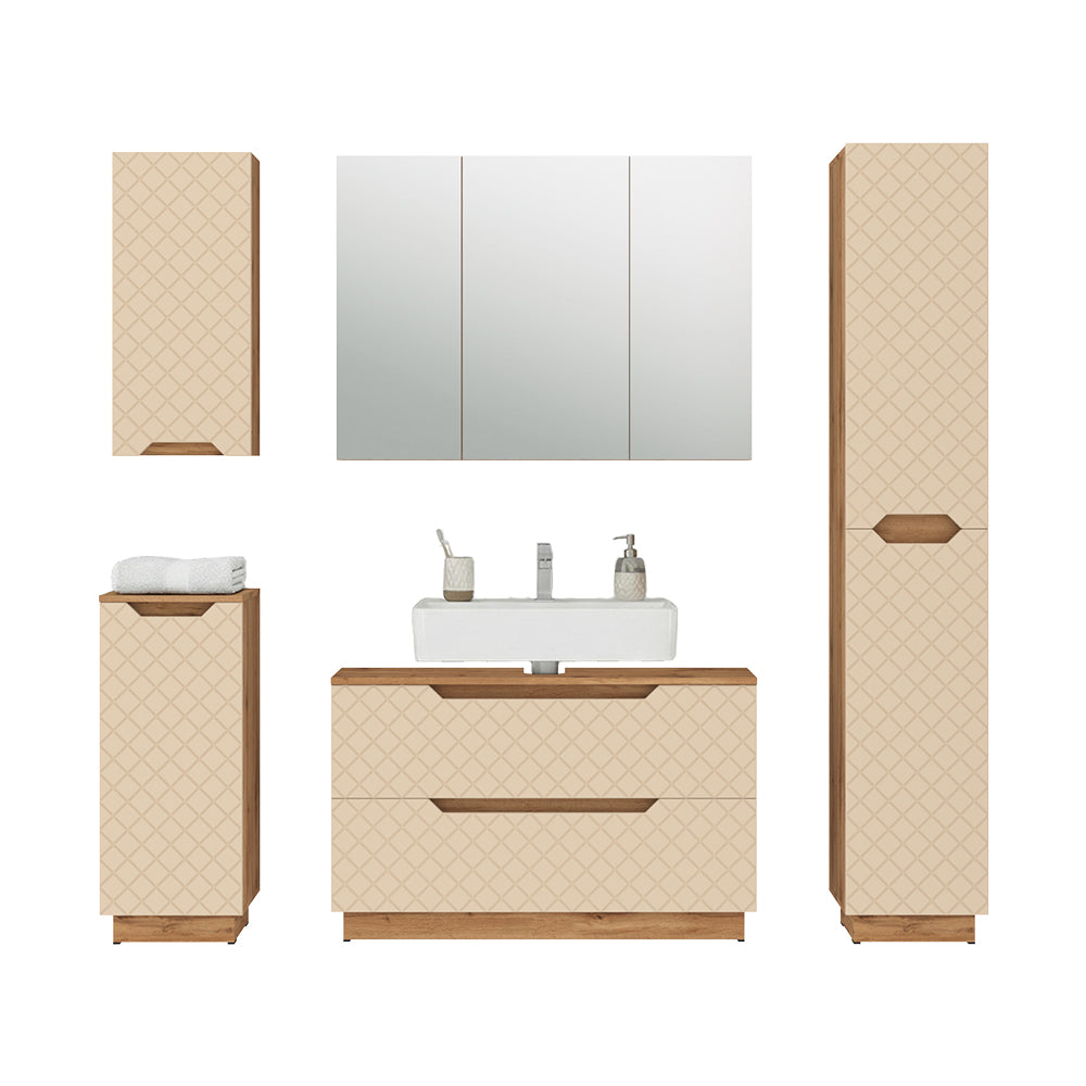 Vicco Set di mobili da bagno Rovere/cashmere con struttura in piastrelle 5 parti