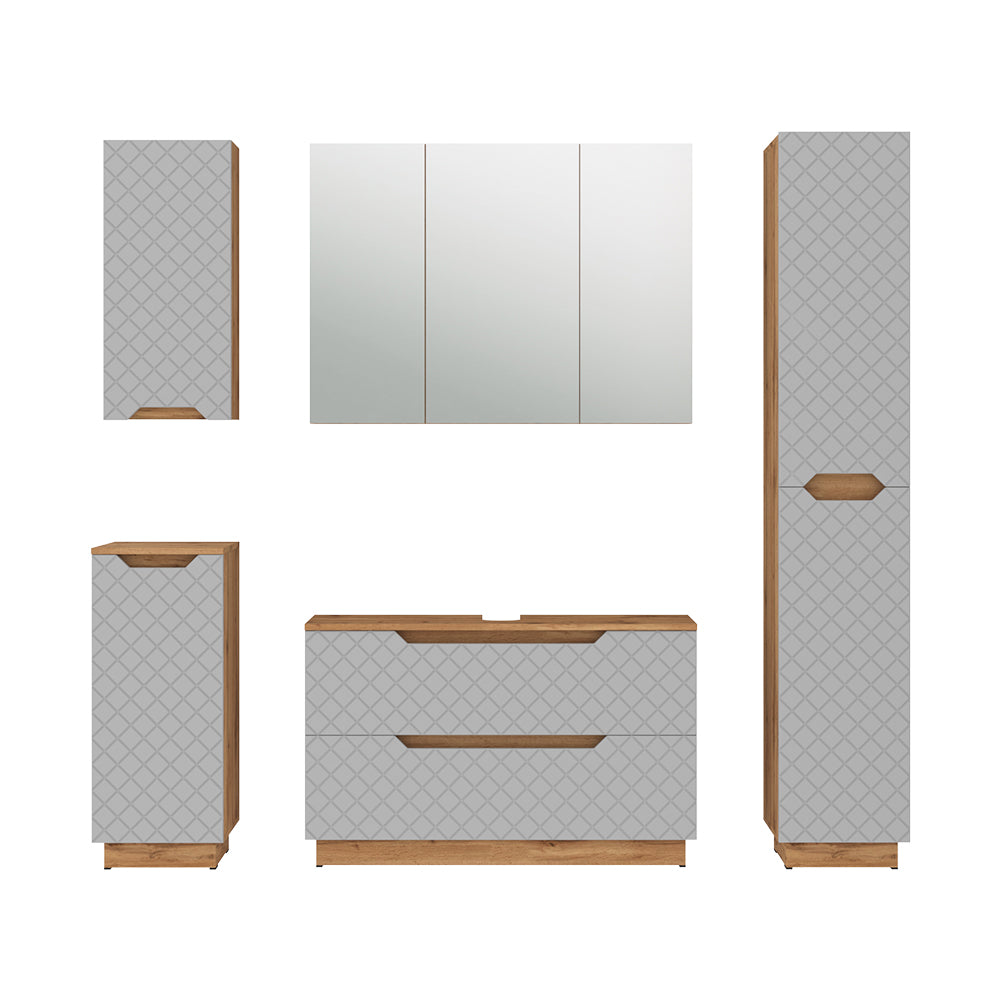 Vicco Set di mobili da bagno Rovere/grigio con struttura in piastrelle 5 parti