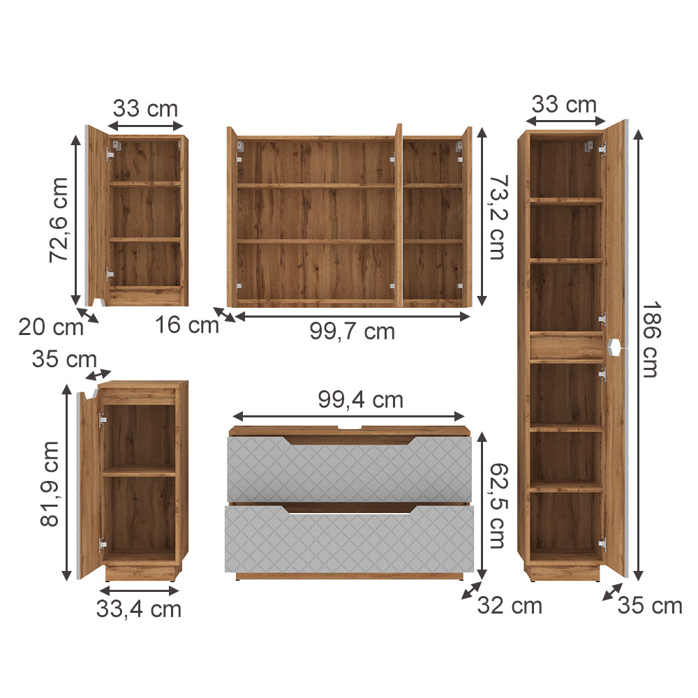 Vicco Set di mobili da bagno Rovere/grigio con struttura in piastrelle 5 parti