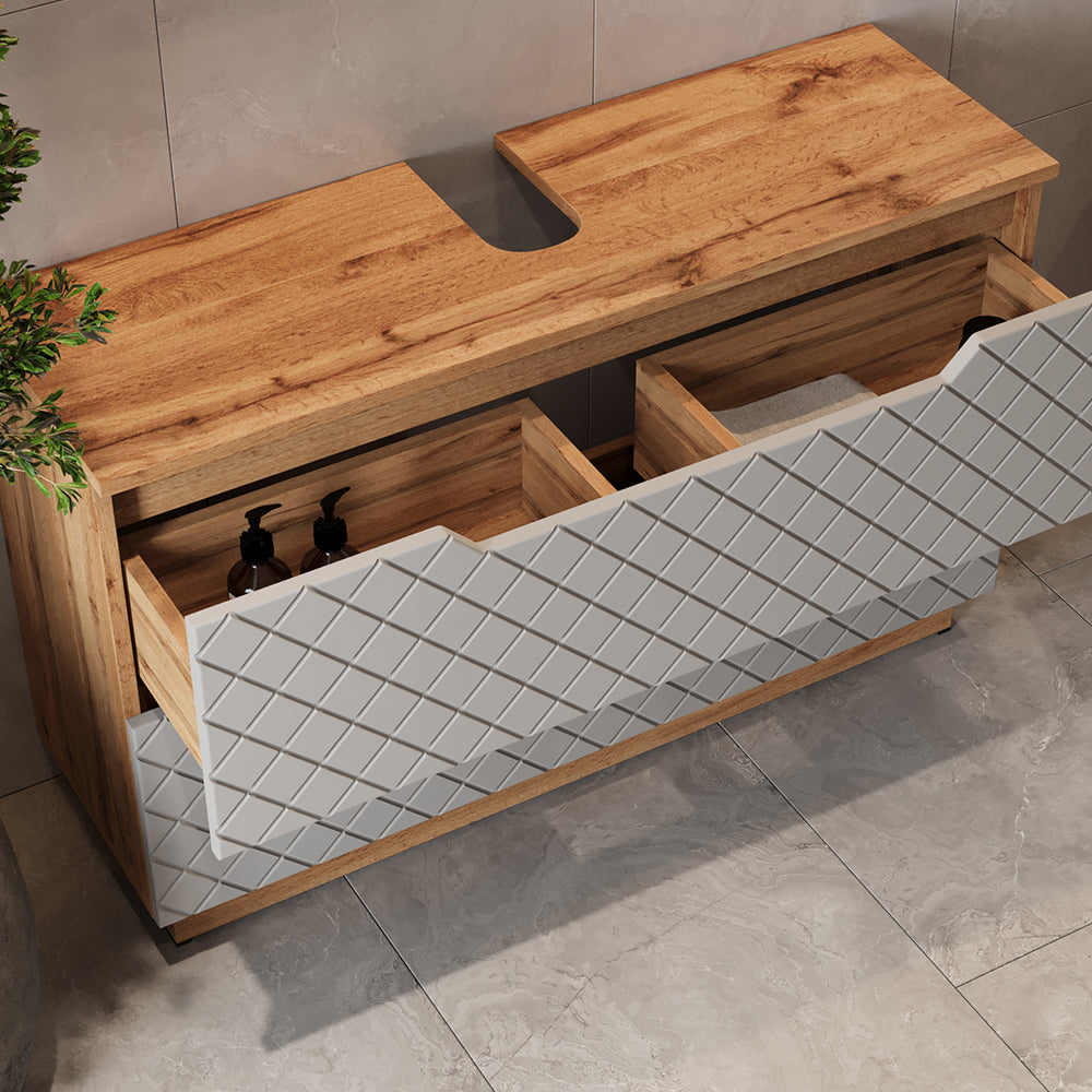 Vicco Set di mobili da bagno Rovere/grigio con struttura in piastrelle 5 parti