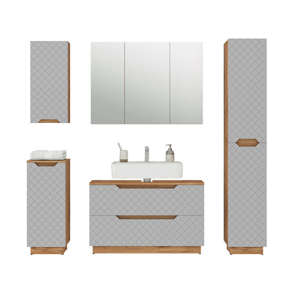 Vicco Set di mobili da bagno Rovere/grigio con struttura in piastrelle 5 parti