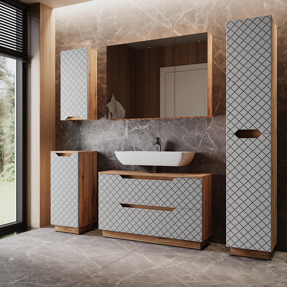Vicco Set di mobili da bagno Rovere/grigio con struttura in piastrelle 5 parti