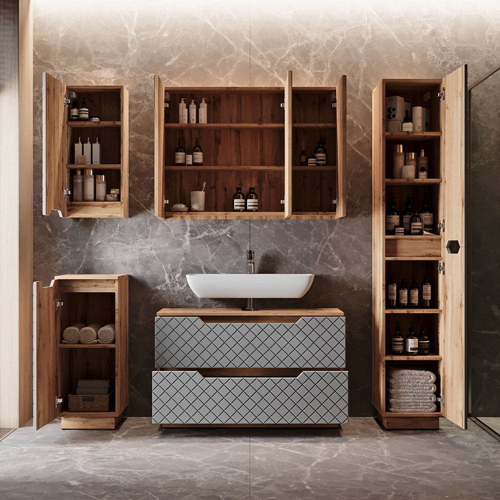 Vicco Set di mobili da bagno Rovere/grigio con struttura in piastrelle 5 parti