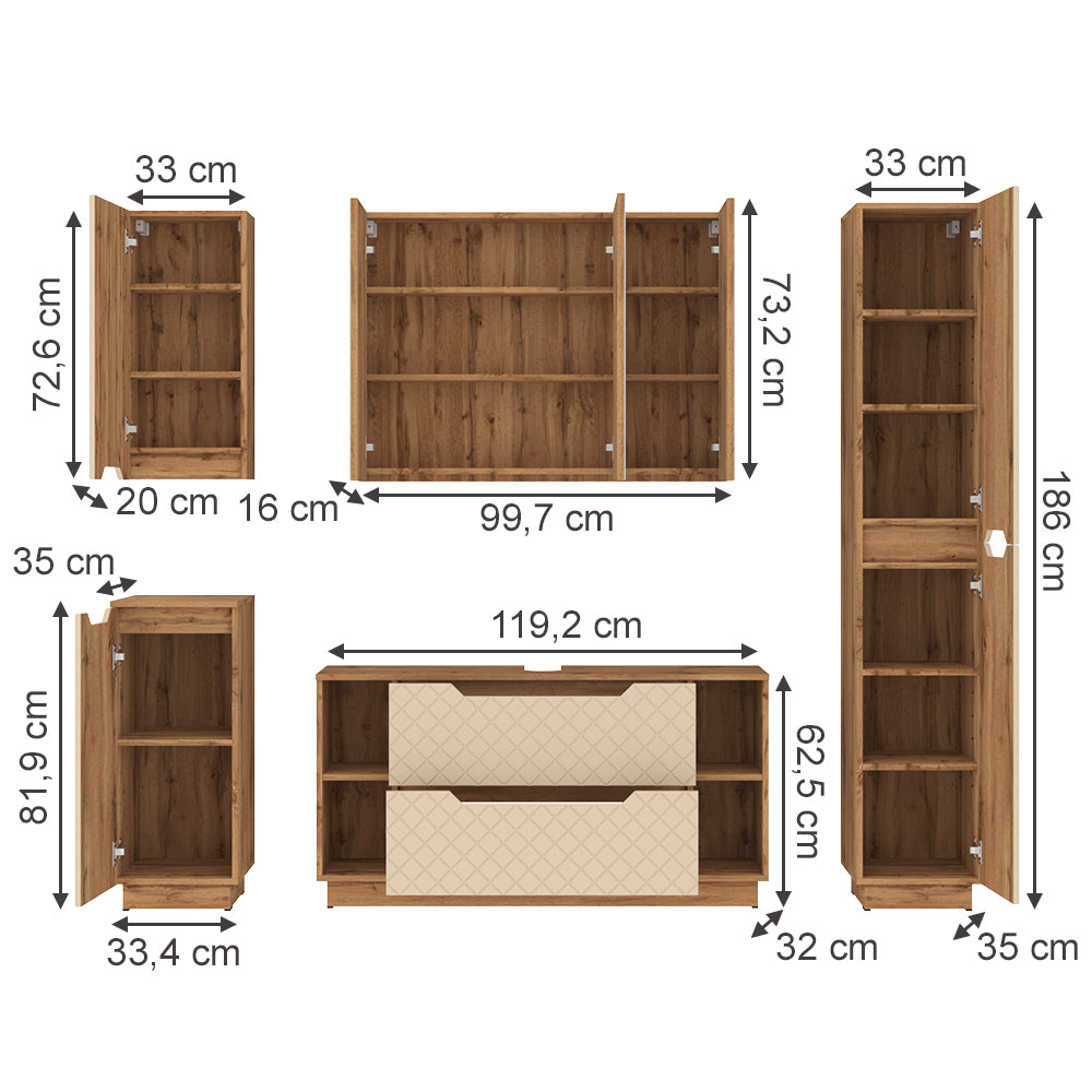 Vicco Set di mobili da bagno Rovere/cashmere con struttura in piastrelle 5 parti
