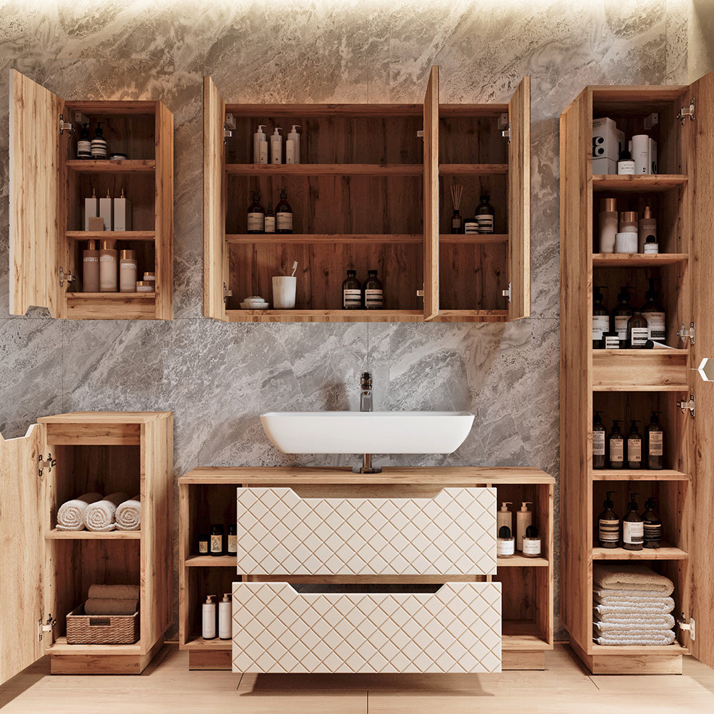 Vicco Set di mobili da bagno Rovere/cashmere con struttura in piastrelle 5 parti