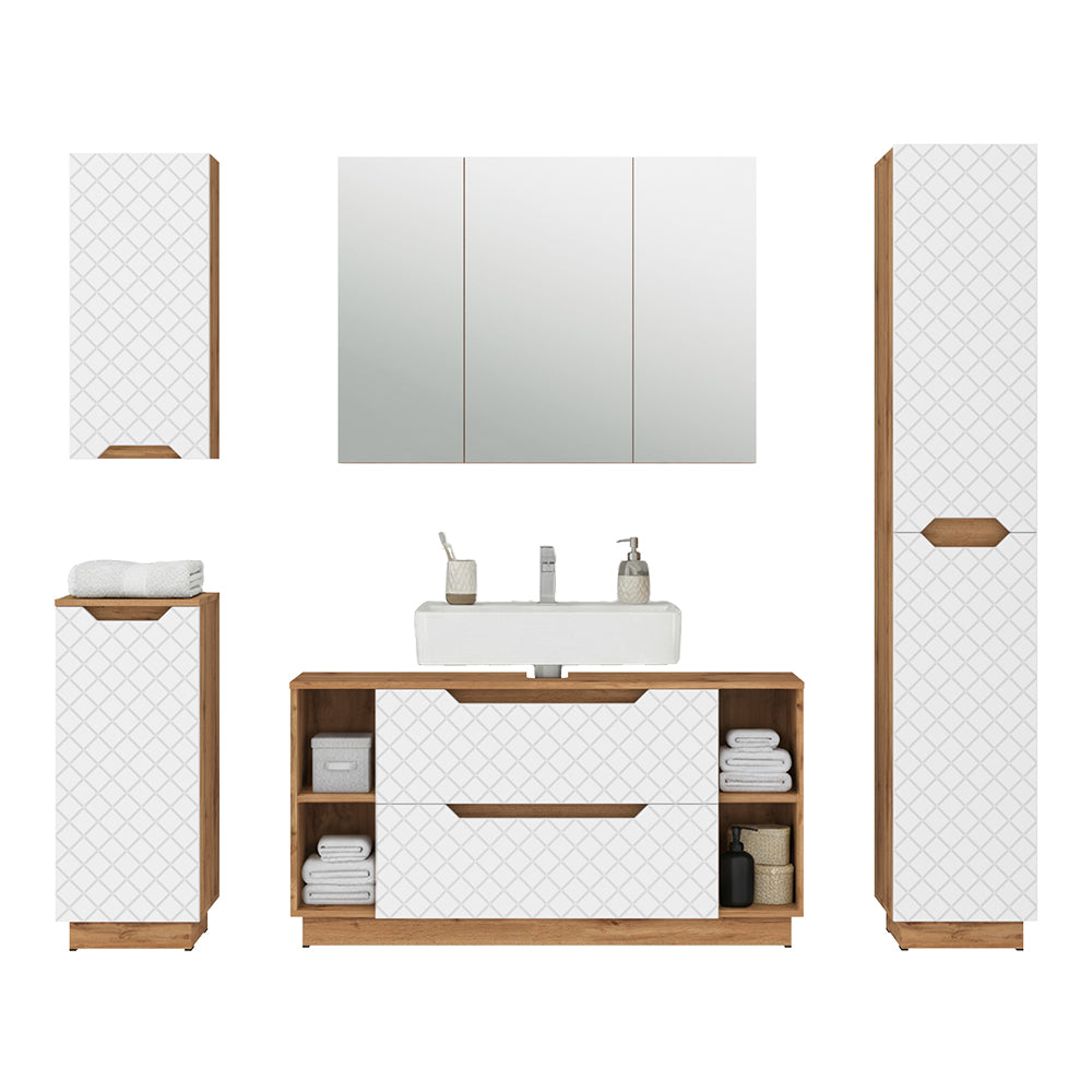 Vicco Set di mobili da bagno Rovere/bianco con struttura in piastrelle 5 parti
