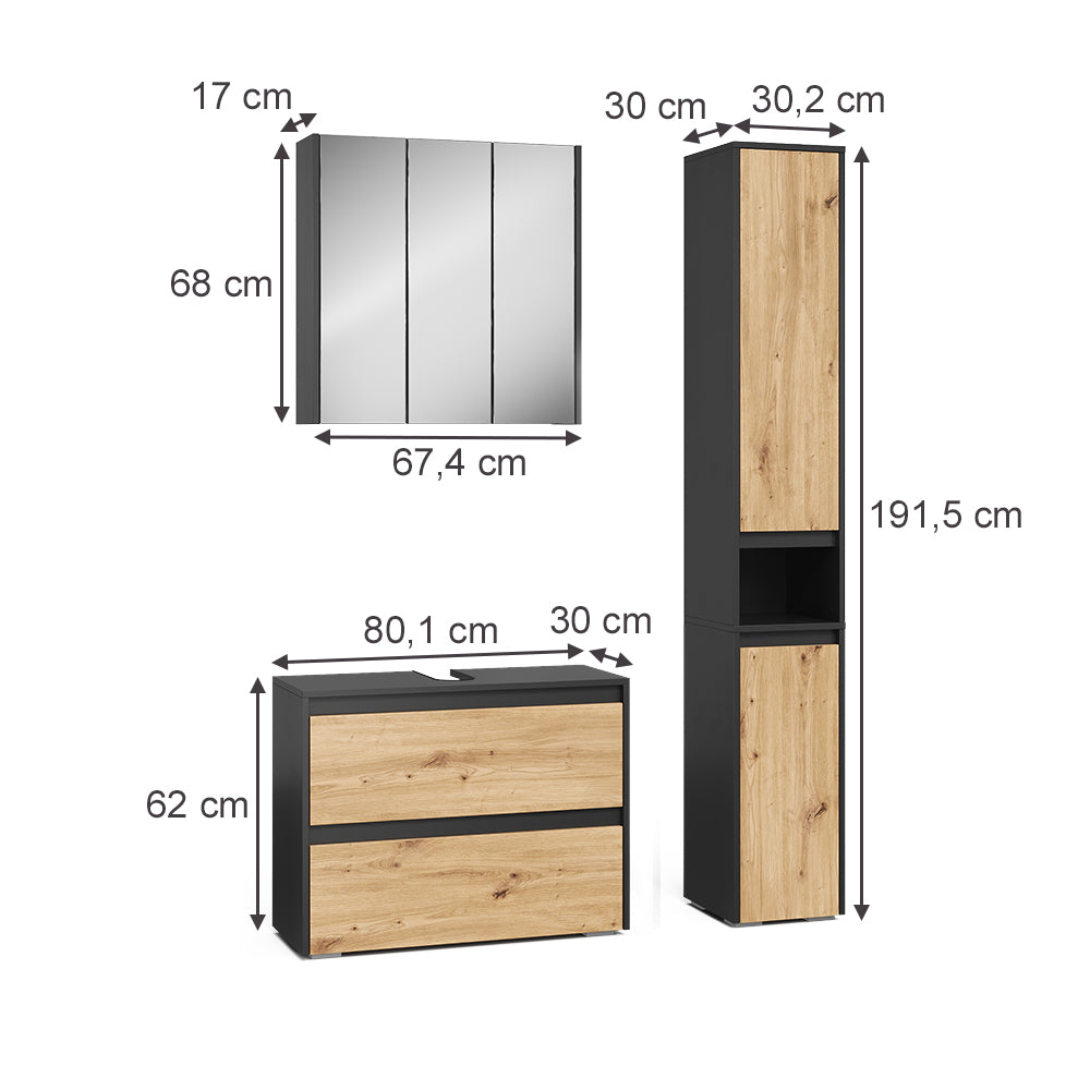 Vicco Set di mobili da bagno Antracite/Artisan 3 parti