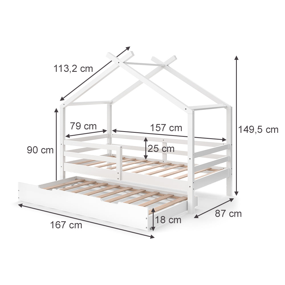 Vitalispa Letto montessori bambini Bianco 160 x 80 cm con letto ospite estraibile