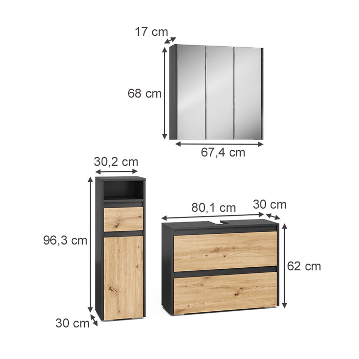 Vicco Set di mobili da bagno Antracite/Artisan 3 parti