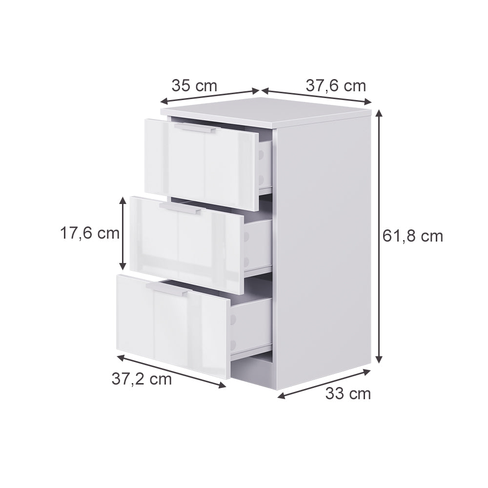 Vicco Comodino camera da letto Bianco lucido 37.6 x 61.8 cm con 3 cassetti