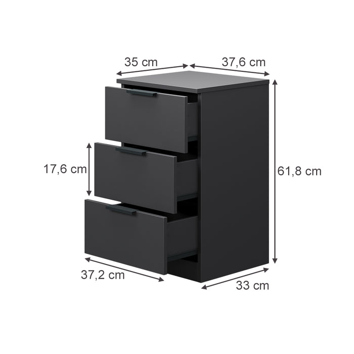 Vicco Comodino camera da letto Nero 37.6 x 61.8 cm con 3 cassetti