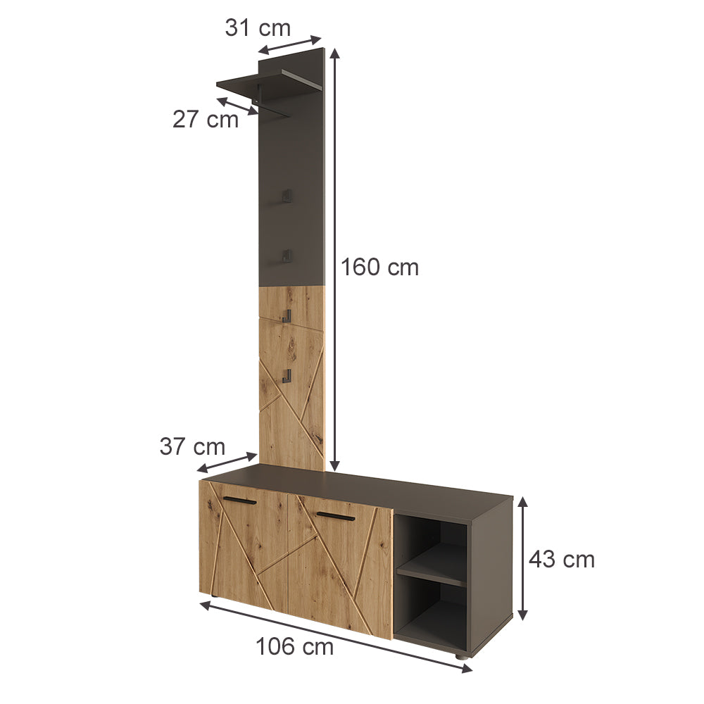 Vicco Armadio da ingresso Antracite/Artisan 106 x 43 cm Set con scarpiera e pannello appendiabiti