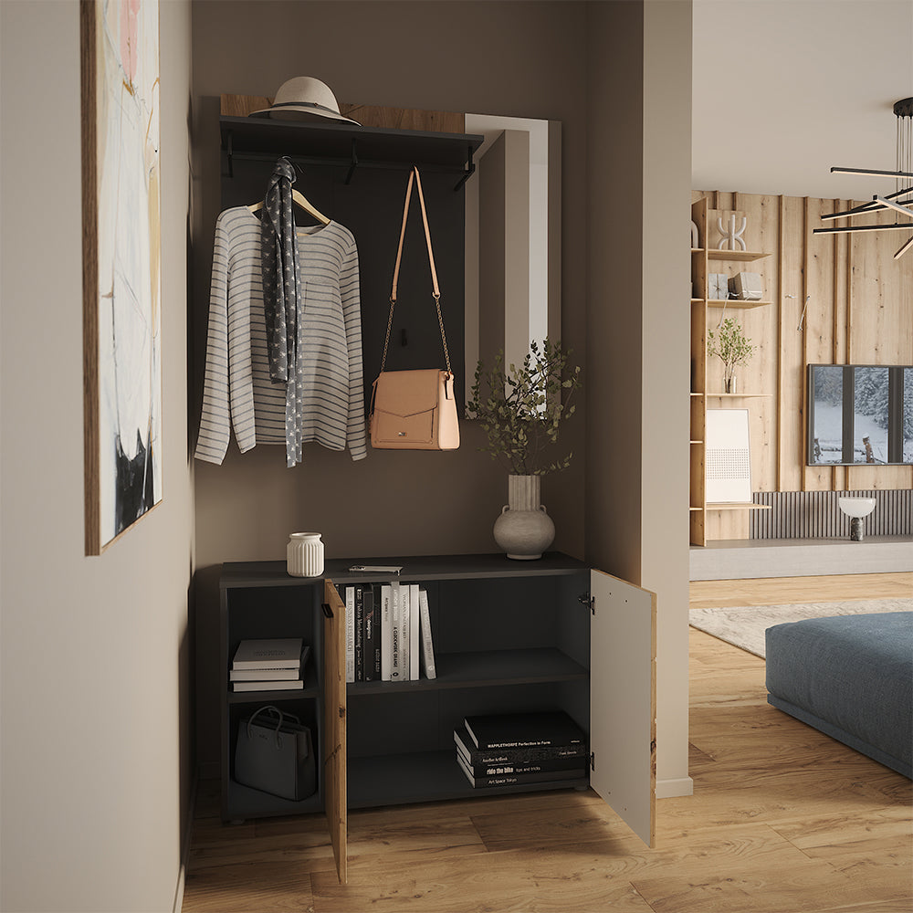 Vicco Armadio da ingresso Antracite/Artisan 106 x 63 cm Set con scarpiera e appendiabiti a muro con specchio