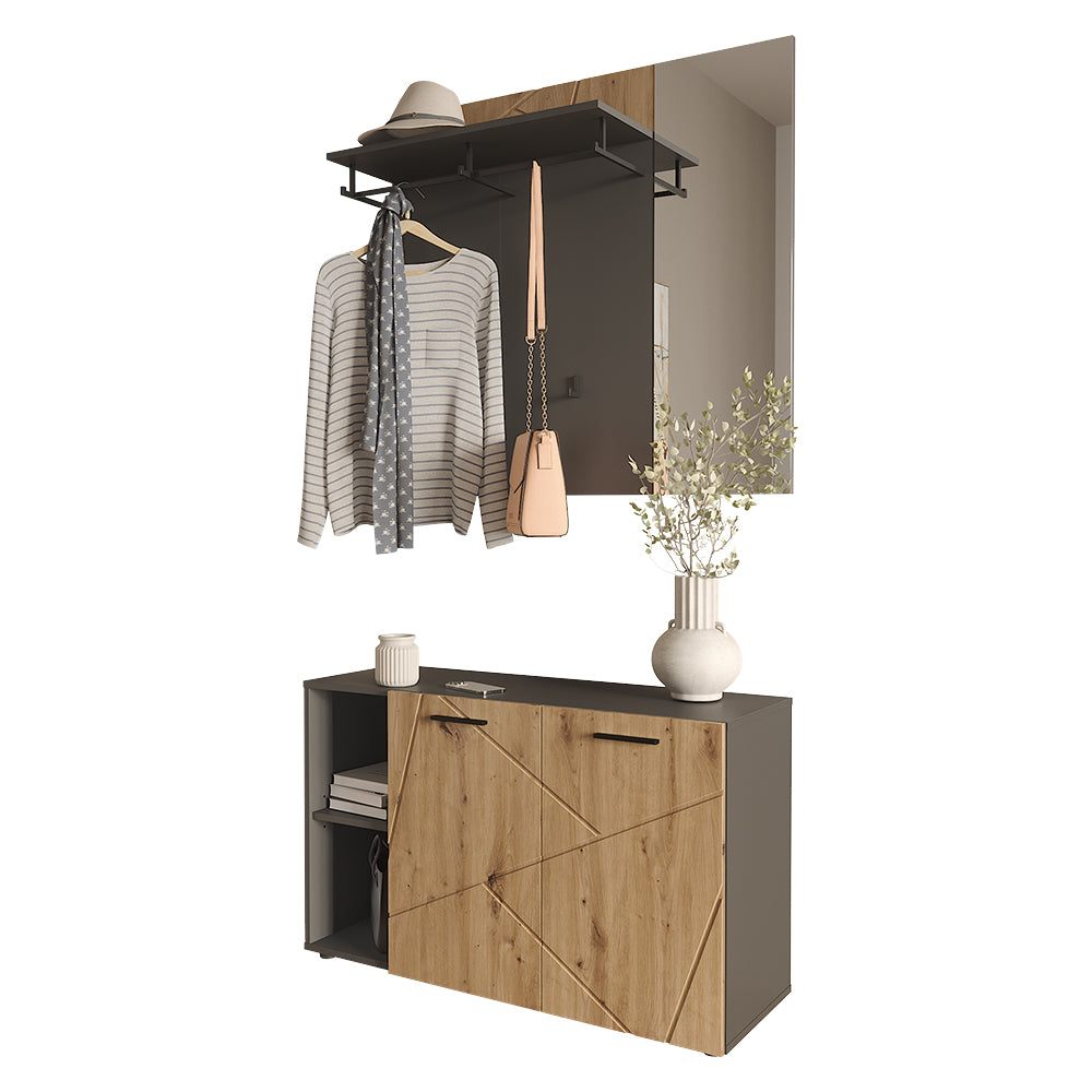 Vicco Armadio da ingresso Antracite/Artisan 106 x 63 cm Set con scarpiera e appendiabiti a muro con specchio